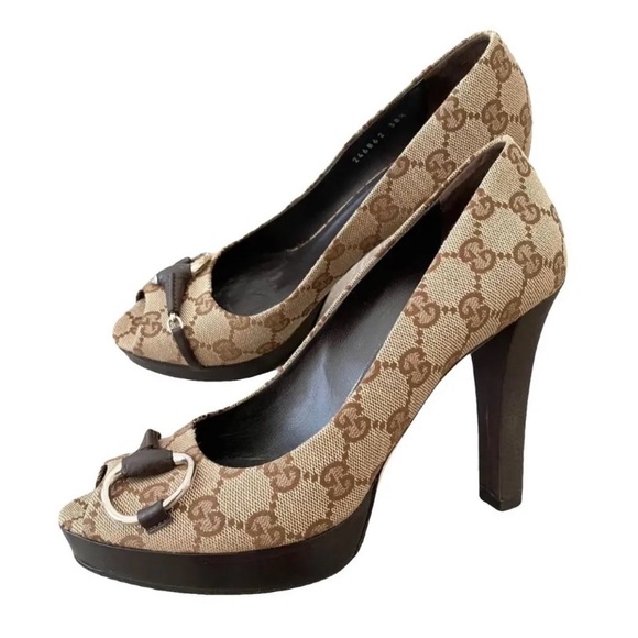 Gucci Shoes - Gucci Brown Beige Monogram Peep-Toe Platform Heels